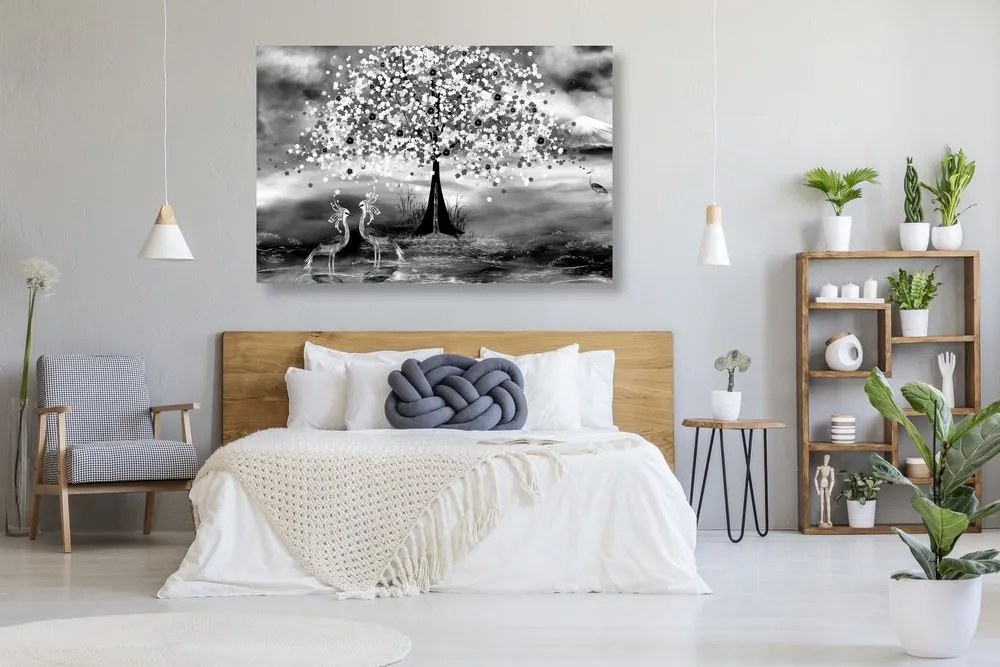 Quadro su tela – Aironi sotto un albero magico in bianco e nero