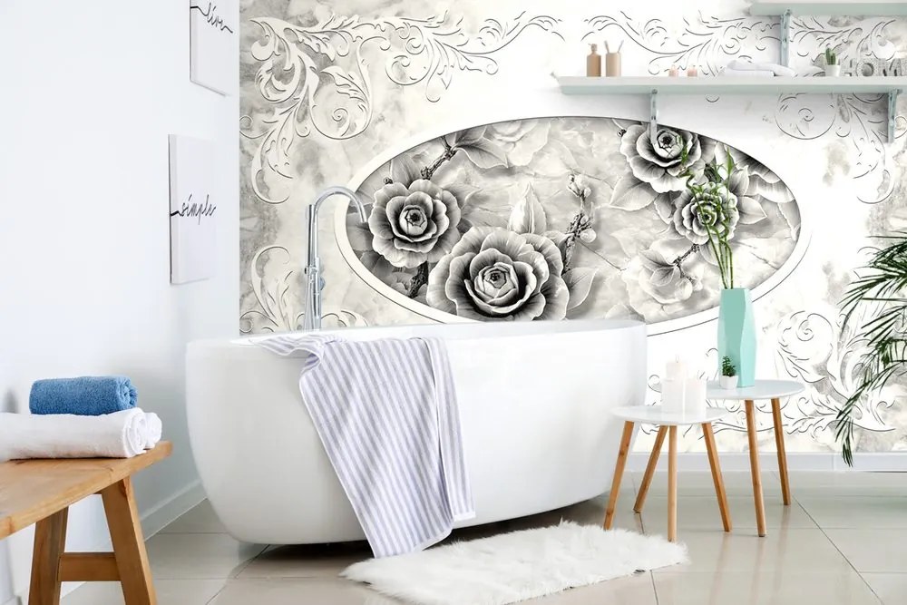Carta da parati – Rose di pietra in bianco e nero