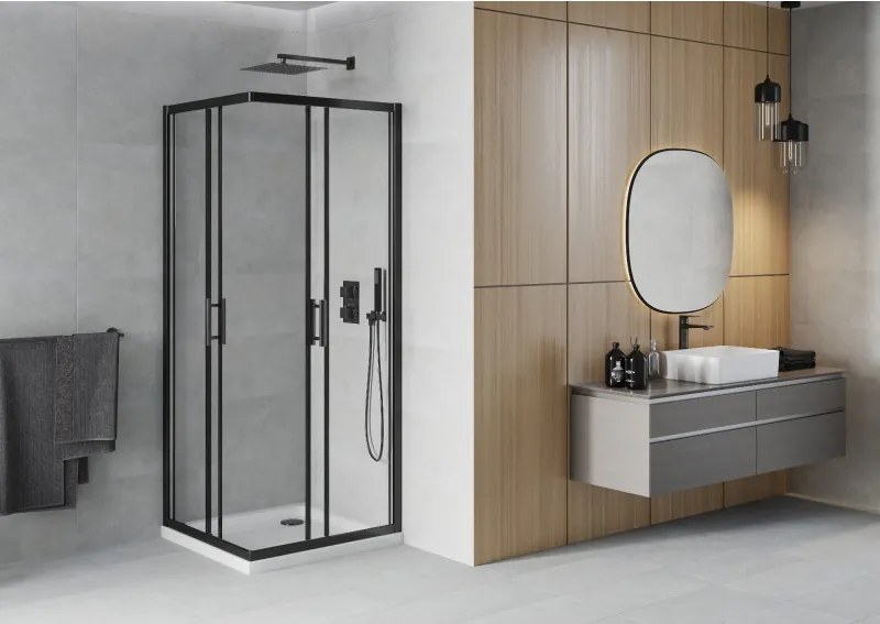 Mexen Rio cabina doccia quadrata 90 x 90 cm, trasparente, nera + piatto Flat, bianco - 860-090-090-70-00-4010B