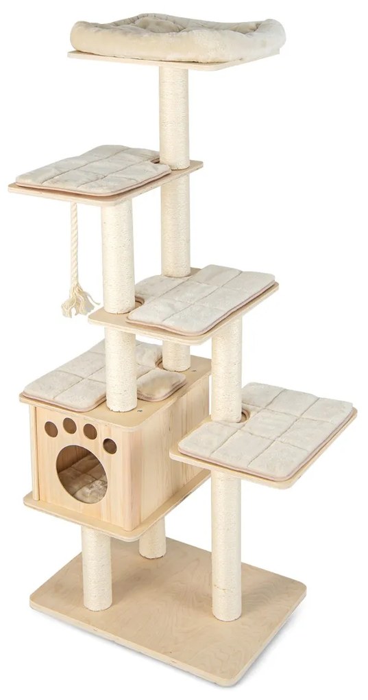 Costway Albero tiragraffi per gatti con trespolo superiore nicchia in legno pali tiragraffi, Torre per gatti 170cm Naturale