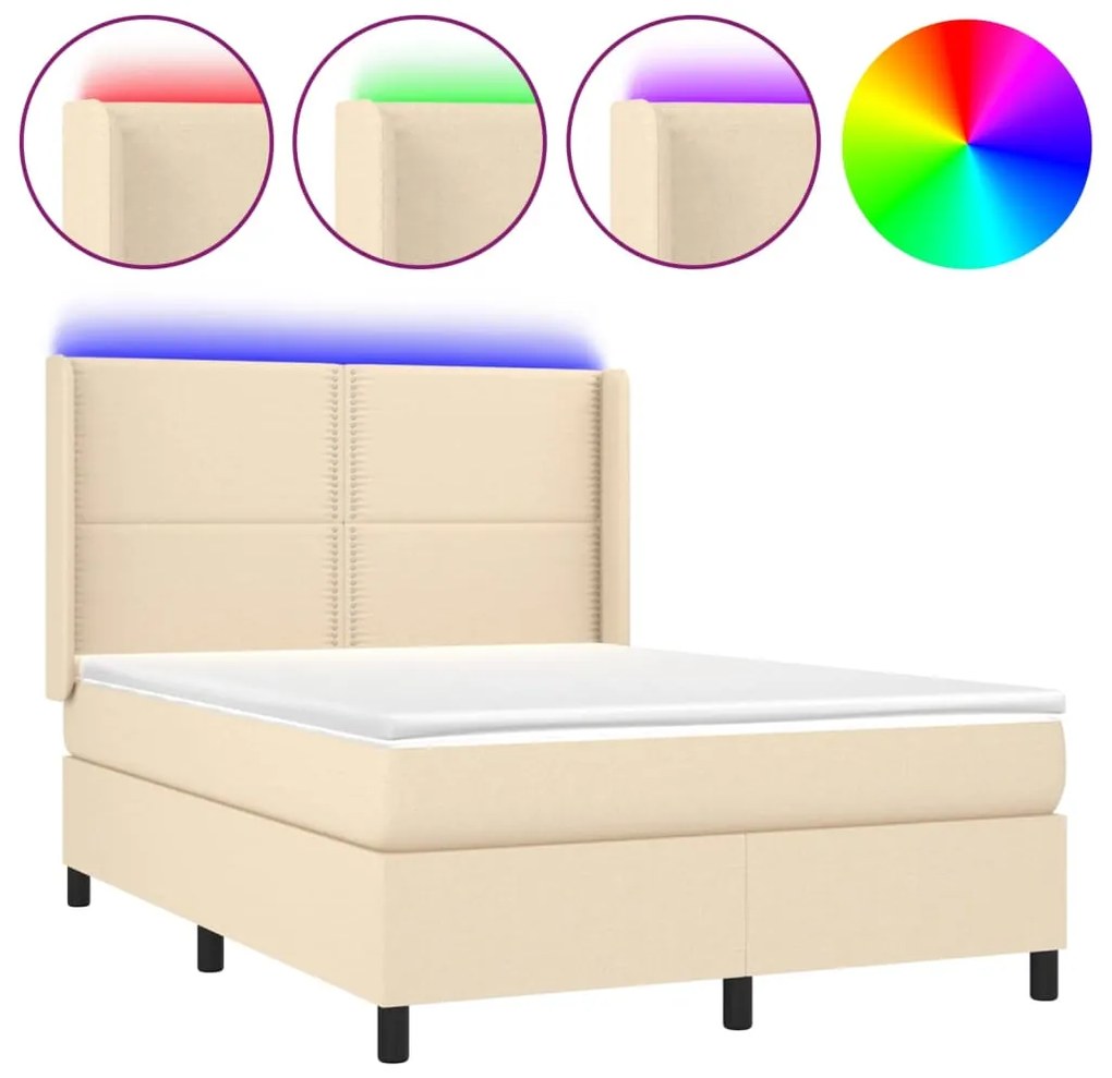 Letto a Molle con Materasso e LED Crema 140x200 cm in Tessuto