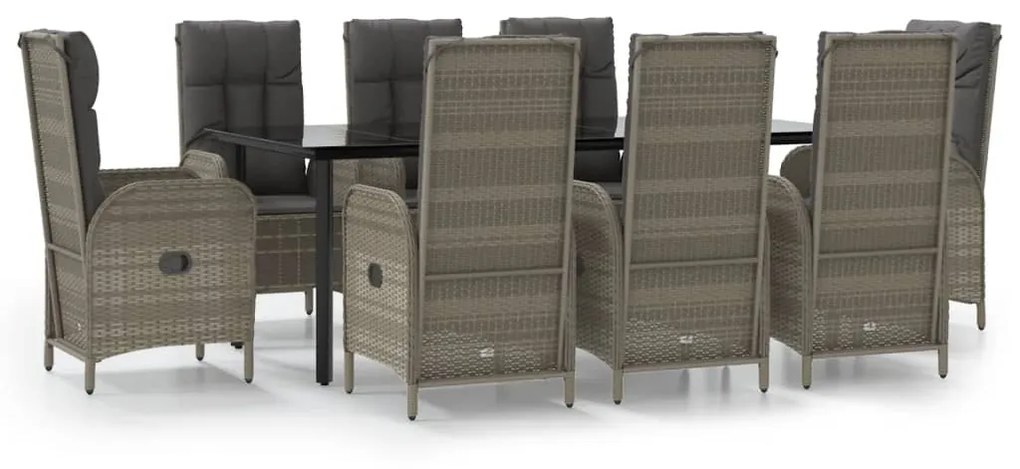 Set da pranzo giardino 9pz con cuscini nero e grigio polyrattan