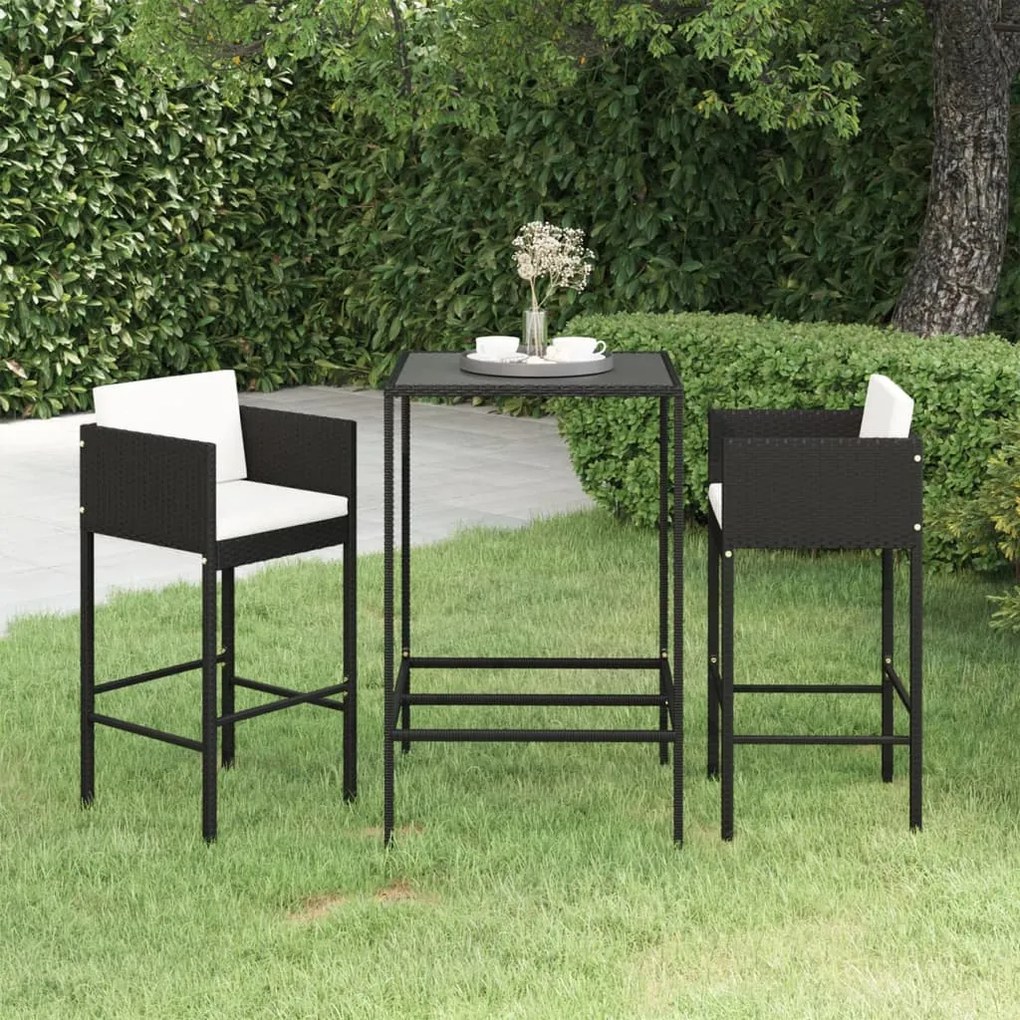 Set bar da giardino 3 pz con cuscini polyrattan nero