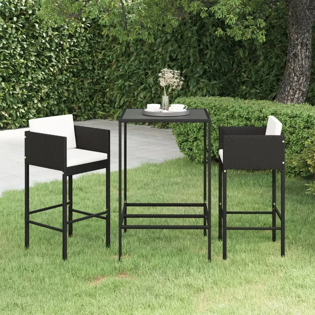 Set bar da giardino 3 pz con cuscini polyrattan nero