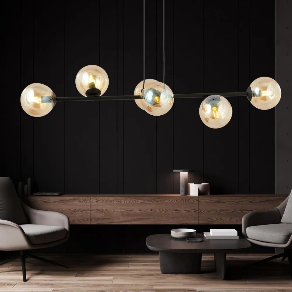 Lampadario a Sospensione in Acciaio e Vetro ROSSI 6 Nero 6xE14 Colore delle Sfere Ambrate