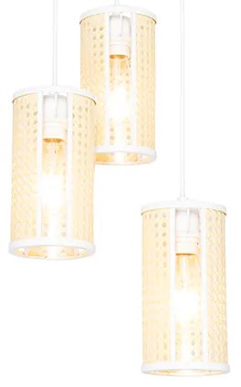 Lampada a sospensione orientale bianca con rattan 3 luci rotonda - Akira