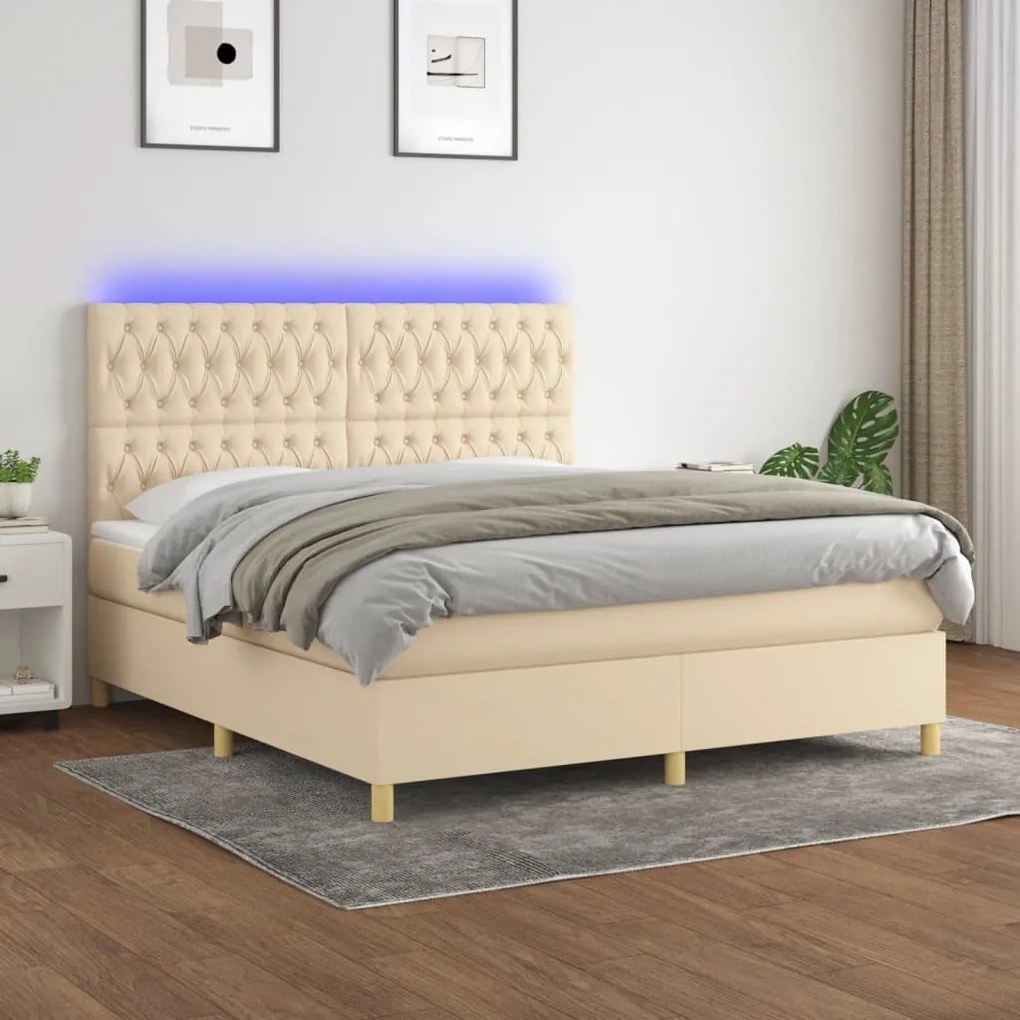 Letto A Molle Con Materasso E Led Crema 160x200 Cm İn Tessuto /