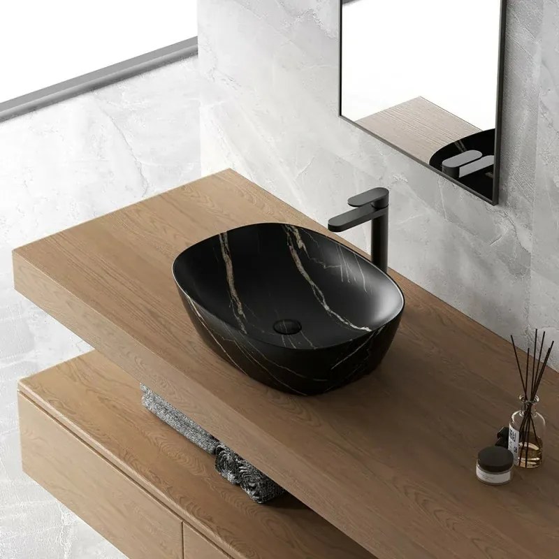 Lavandino da appoggio ovale 50x38 cm effetto marmo nero Tokyo