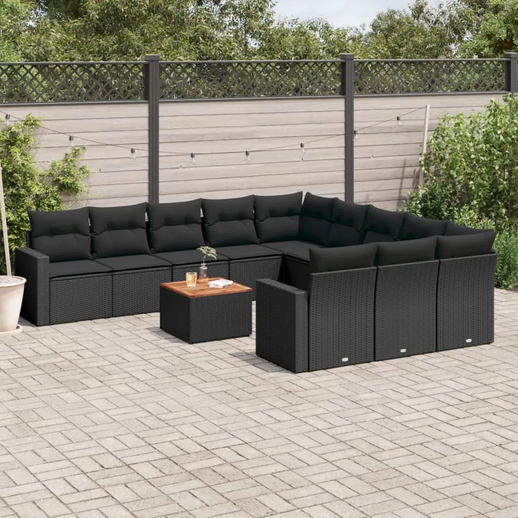 Set divani da giardino 12 pz con cuscini nero in polyrattan