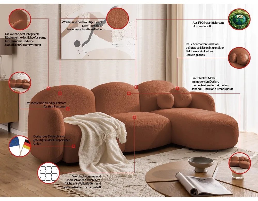 Divano angolare color terracotta (con penisola a destra/con chaise lounge) con rivestimento in bouclé Orbit – Ropez