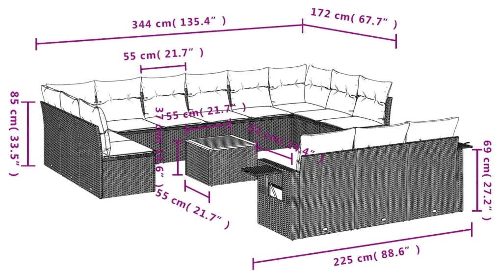 Set Divani da Giardino 14pz con Cuscini in Polyrattan Grigio