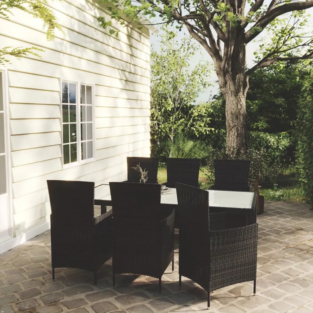 Set mobili da giardino 7 pz con cuscini in polyrattan nero