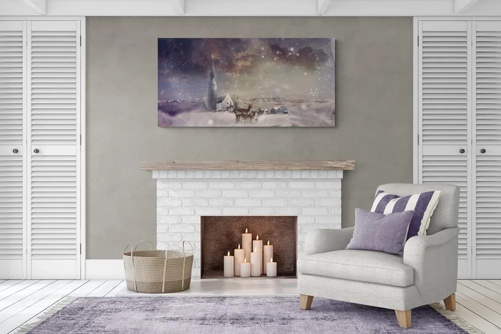 Quadro su tela – Cervo e caprioli nel villaggio innevato