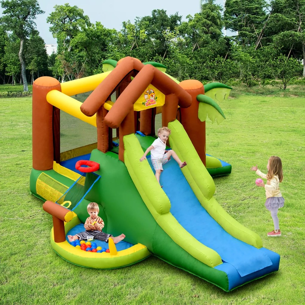 Costway Casa gonfiabile con scivoli muro per arrampicata e trampolino, Castello gonfiabile per bambini 3-10 anni con palline e pali