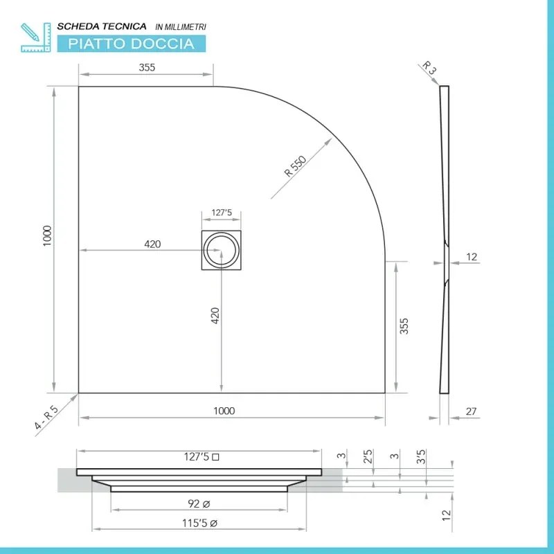 Piatto doccia semicircolare 100x100 grigio riducibile su misura Ten