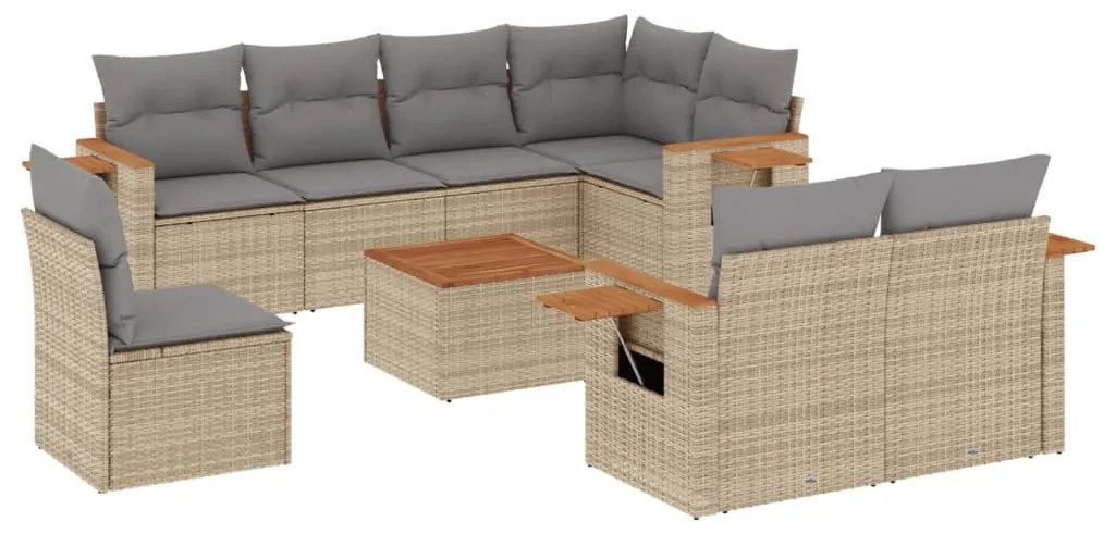 Set Divano da Giardino 9 pz con Cuscini Beige in Polyrattan