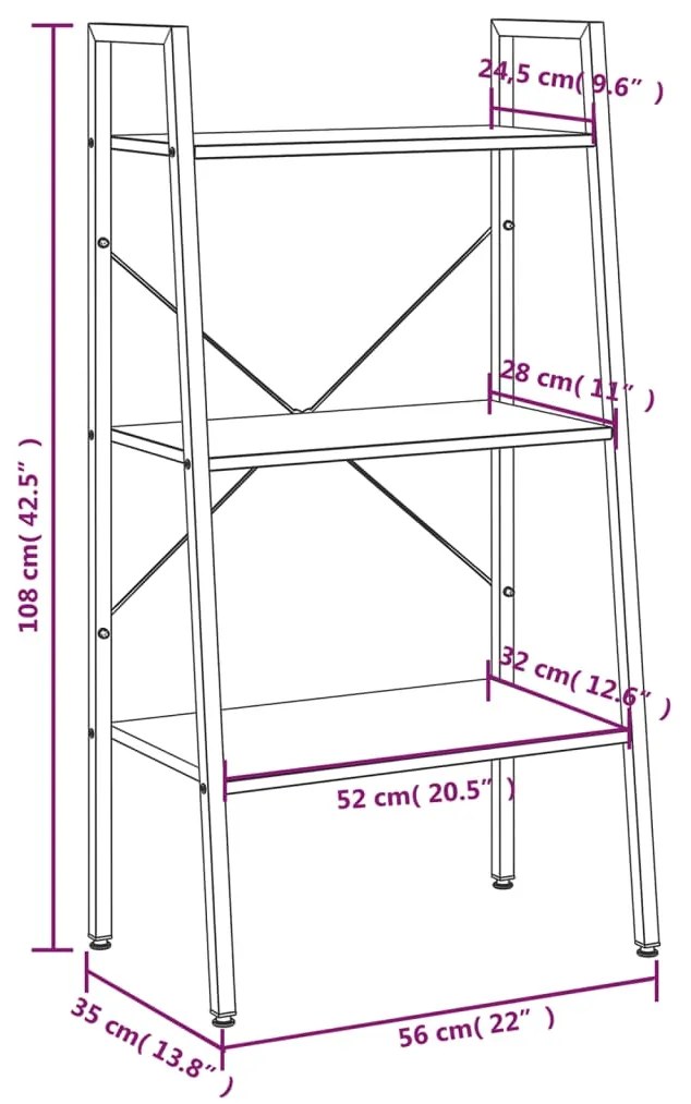 Scaffale Autoportante 3 Ripiani Marrone Chiaro Nero 56x35x108cm