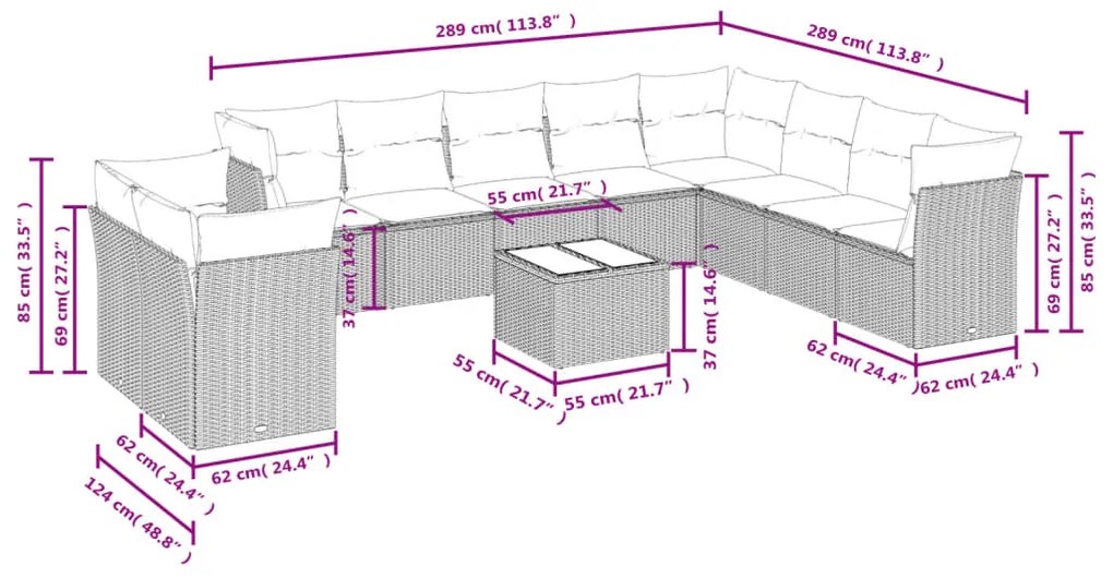 Set divani da giardino 11 pz con cuscini in polyrattan grigio