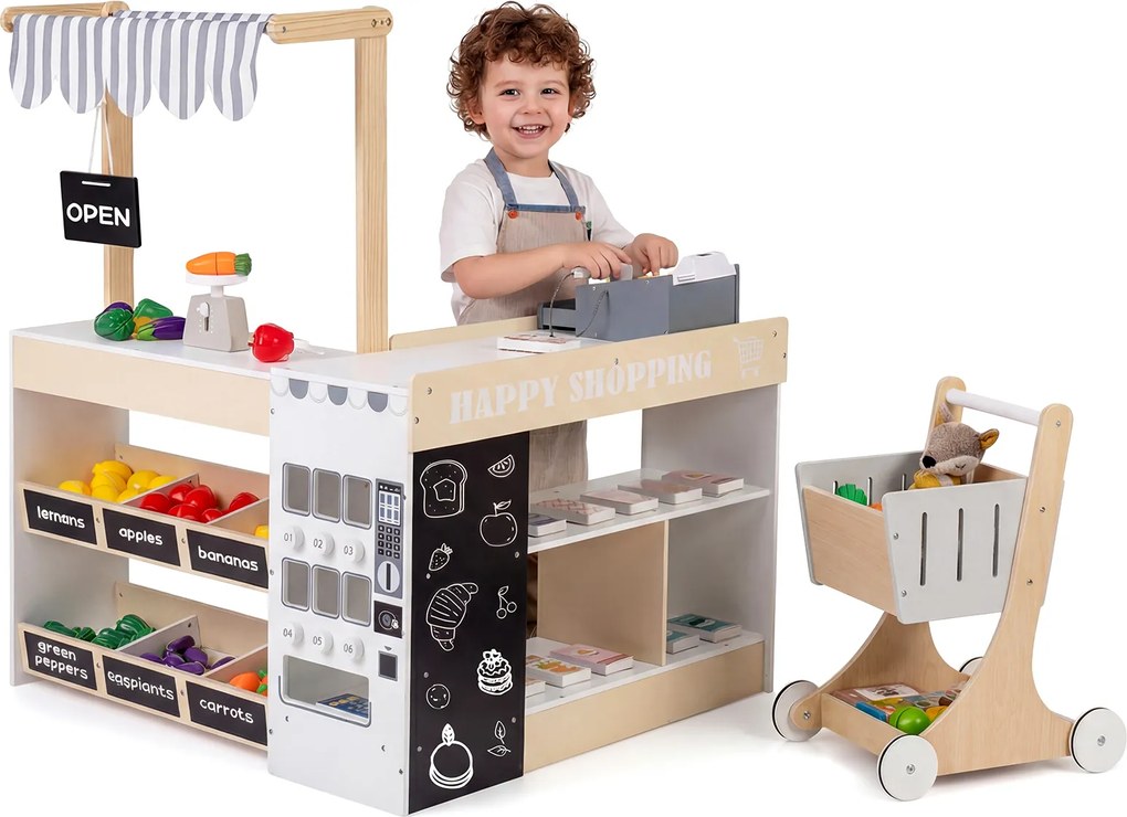 Costway Set gioco negozio alimentari bambini supermercato legno carrello distributore automatico, Set banco cassa registratore lavagne scaffali cibo bambini 3+ anni