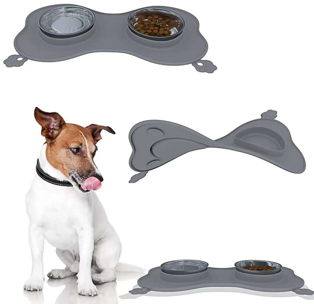 Ciotole Per Cani Gatti 3 In 1 Doppia Ciotola In Acciaio Inox Cibo Croccantini Alimentazione Acqua Tappetino In Silicone Sottociotola Antiribaltamento Antiscivolo Con Ventose (52 x 35 Cm, Grigio)