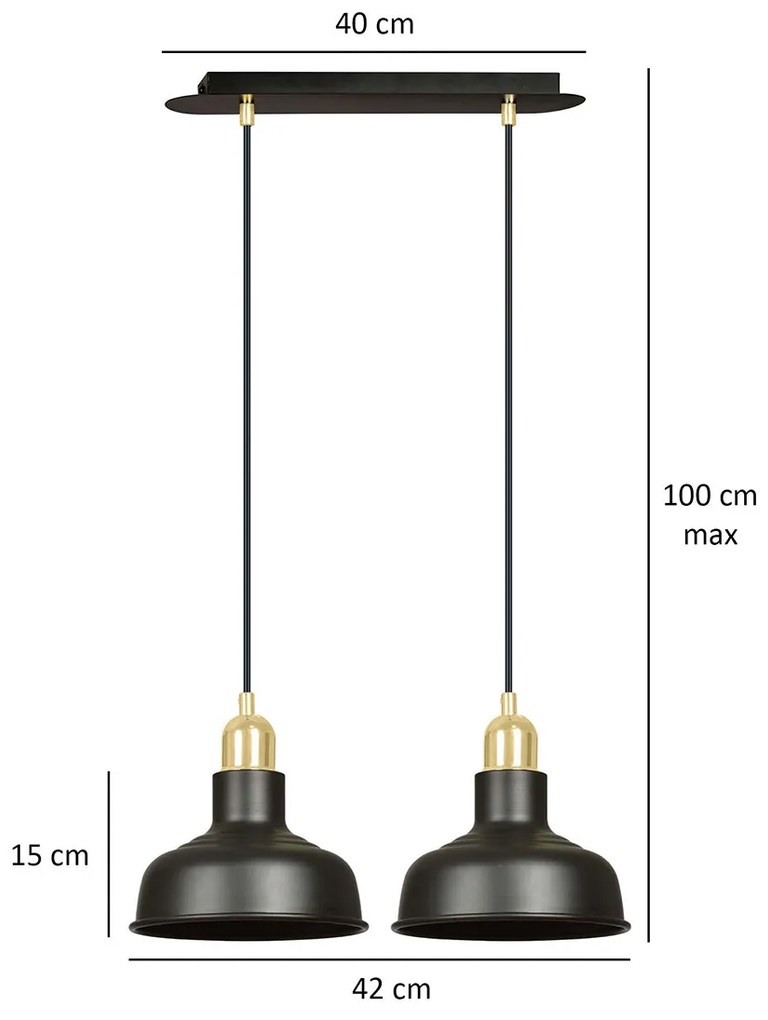Lampadario Industrial 2 Luci Kubera In Acciaio Nero Con Elementi In Oro