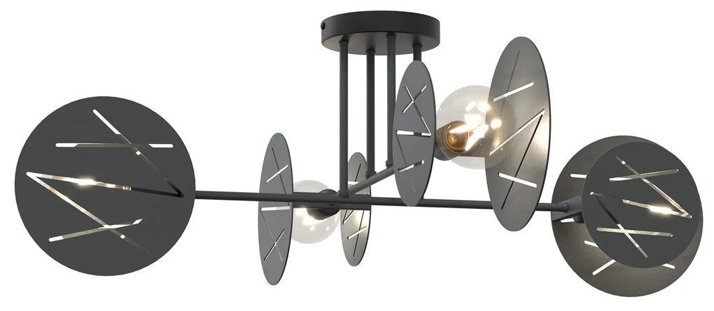 Plafoniera 4 Luci Plutone In Acciaio Nero A Bracci E Diffusori A Cerchio