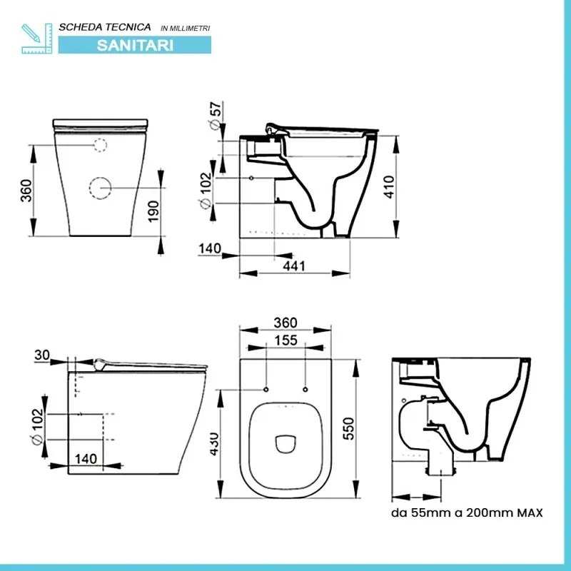 Wc filomuro Rimless Mirto con scarico traslato a pavimento o a parete