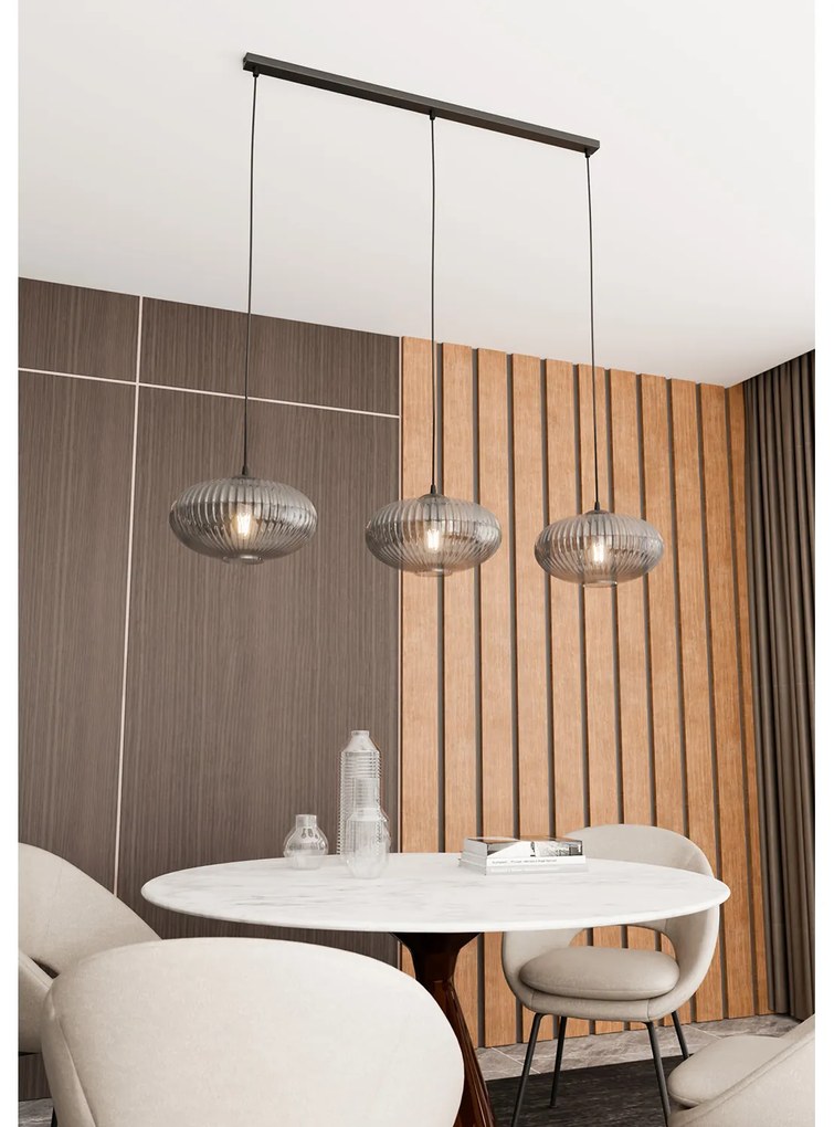 Lampadario 3 Luci Iris In Acciaio Nero Paralume Plissettato Fumè