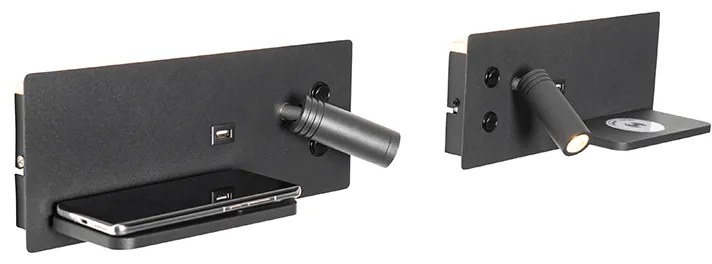 Set di 2 lampade da parete nere con LED, USB e caricabatterie a induzione - Riza
