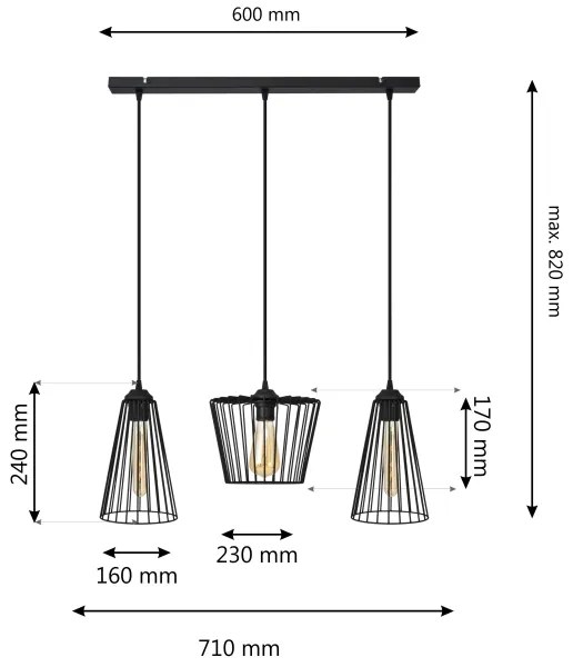 Lampadario a sospensione con filo TORRI 3xE27/15W/230V nero