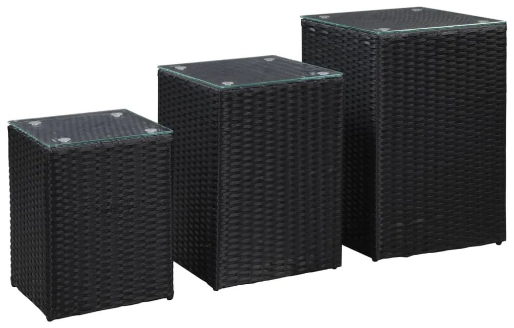 Tavolini Laterale 3 Pz Con Piano İn Vetro Neri İn Polyrattan /