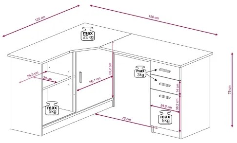 Scrivania con ripiano e cassetti ROBERTO, lato destro, rovere artisan/bianco