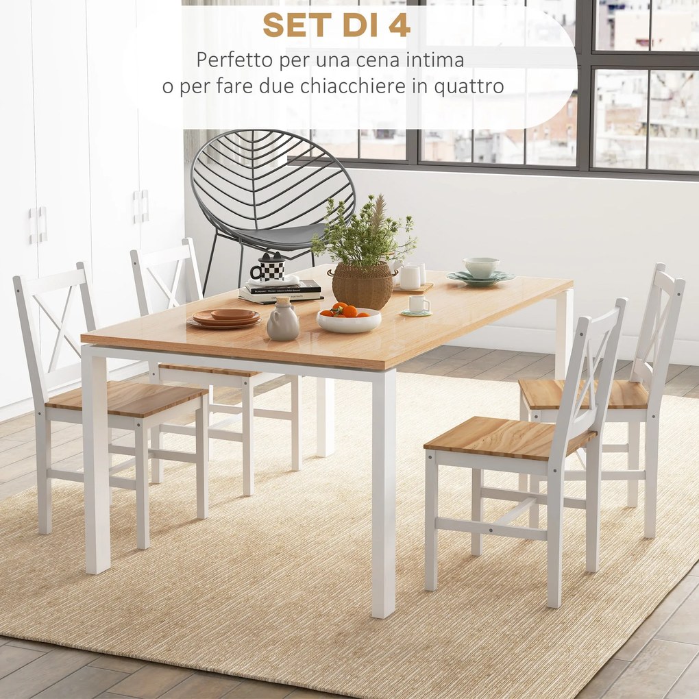 Set 4 Sedie per Cucina e Soggiorno con Schienale a Croce 41x46,5x86 cm in Legno di Pino Bianco e Rovere...
