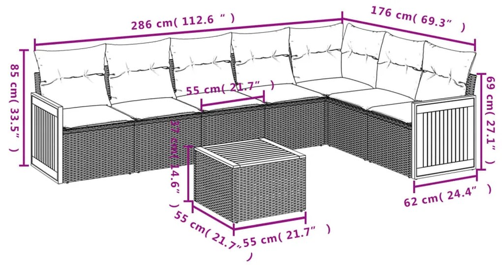 Set Divano da Giardino 8 pz con Cuscini Grigio in Polyrattan