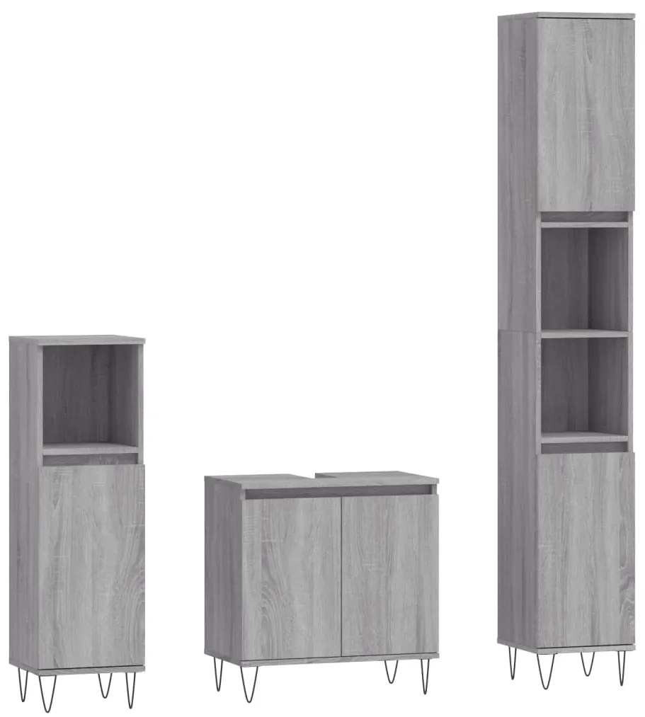 Set mobili da bagno 3 pz grigio sonoma in legno multistrato