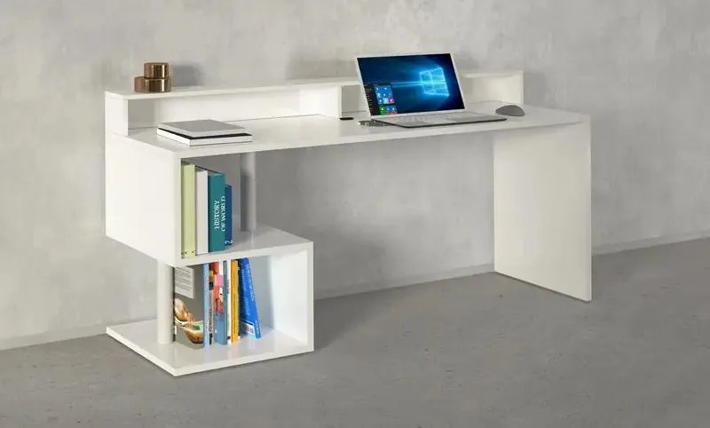 Scrivania Esse 180 con sopralzo: stile e funzionalità in un unico design innovativo, Bianco Lucido