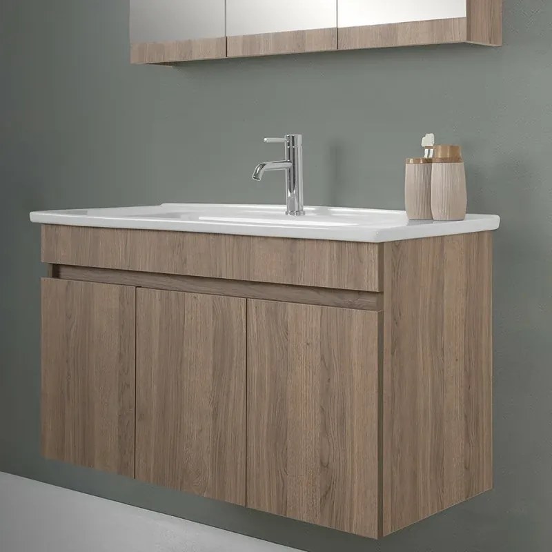 Mobile bagno sospeso 100 cm rovere scuro con specchio contenitore Mona