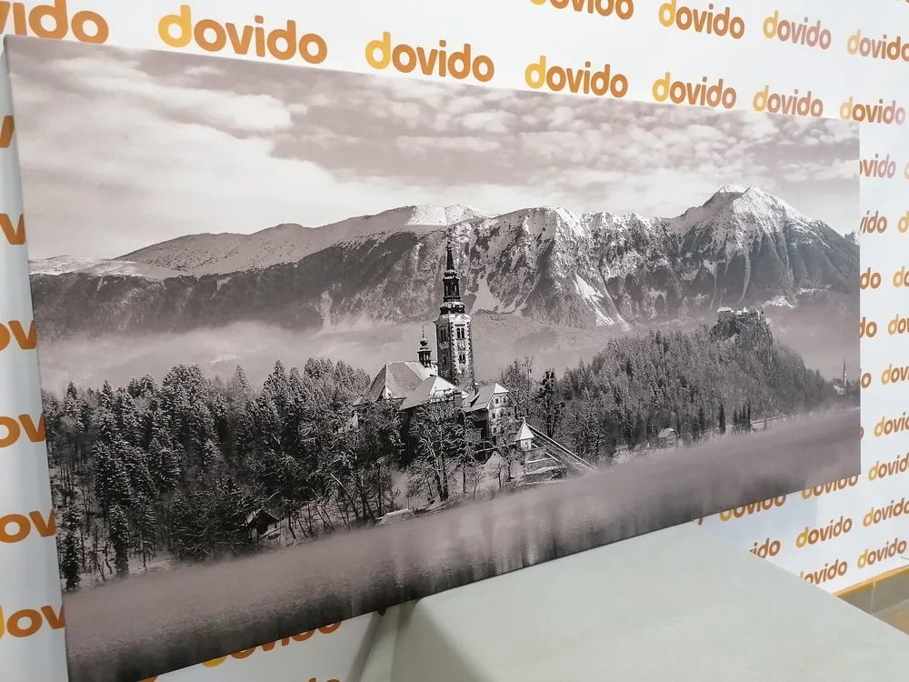 Stampa su tela – Chiesa sul lago Bled in Slovenia in bianco e nero