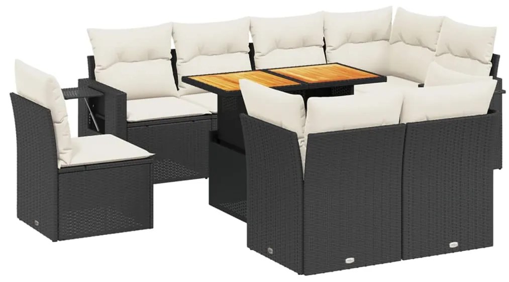 Set Divani da Giardino 9 pz con Cuscini Nero in Polyrattan