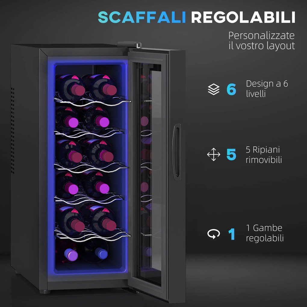 Cantinetta Vino Refrigerata per 12 Bottiglie Doppio Controllo Temperatura Ripiani Regolabili e Luci Nero...