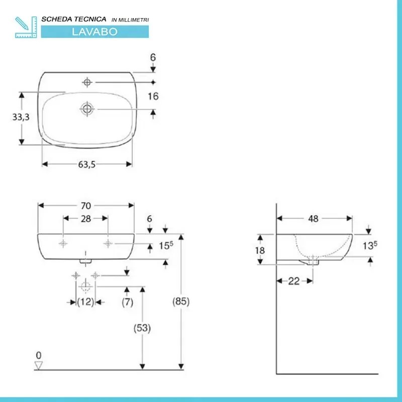 Lavabo sospeso 70 cm Geberit bianco lucido monoforo Fantasia