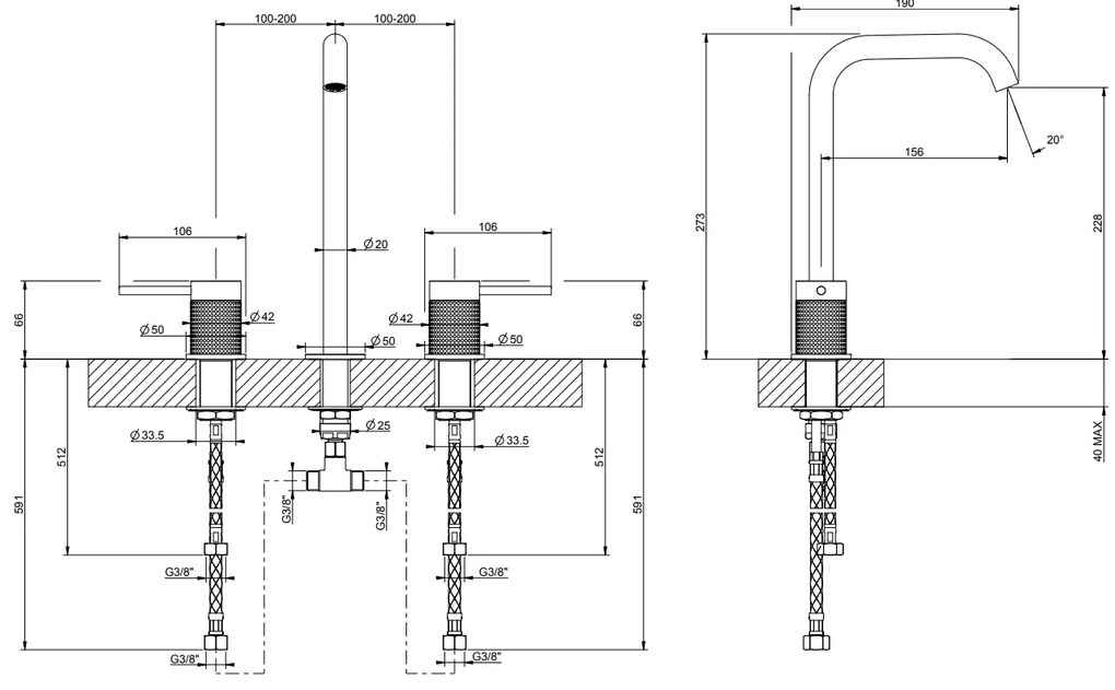 Gruppo lavabo 3 fori con bocca senza scarico steel brushed cesello 54411 gessi