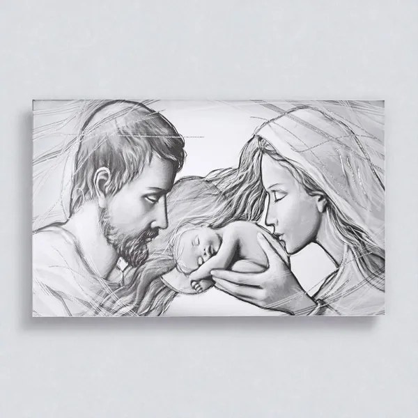 Quadro moderno in tela 65x125 cm tema Sacra Famiglia con dettagli in argento