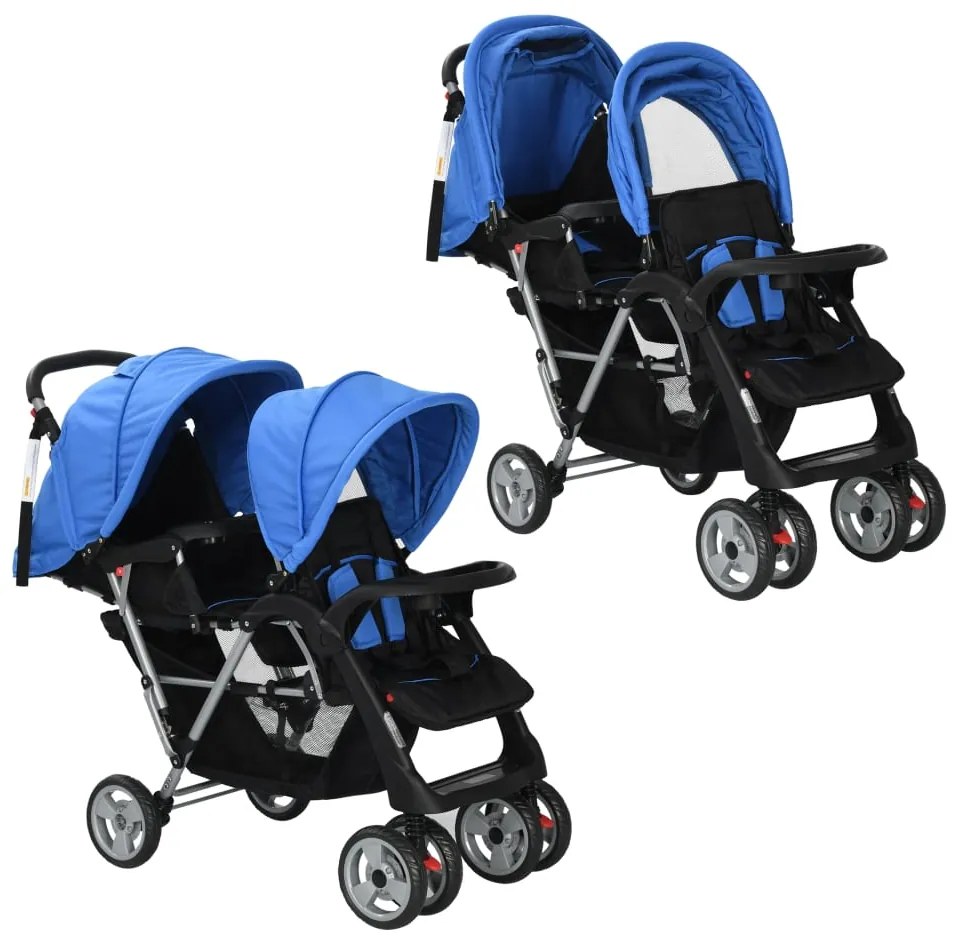 Passeggino Gemellare A Tandem İn Acciaio Blu E Nero /