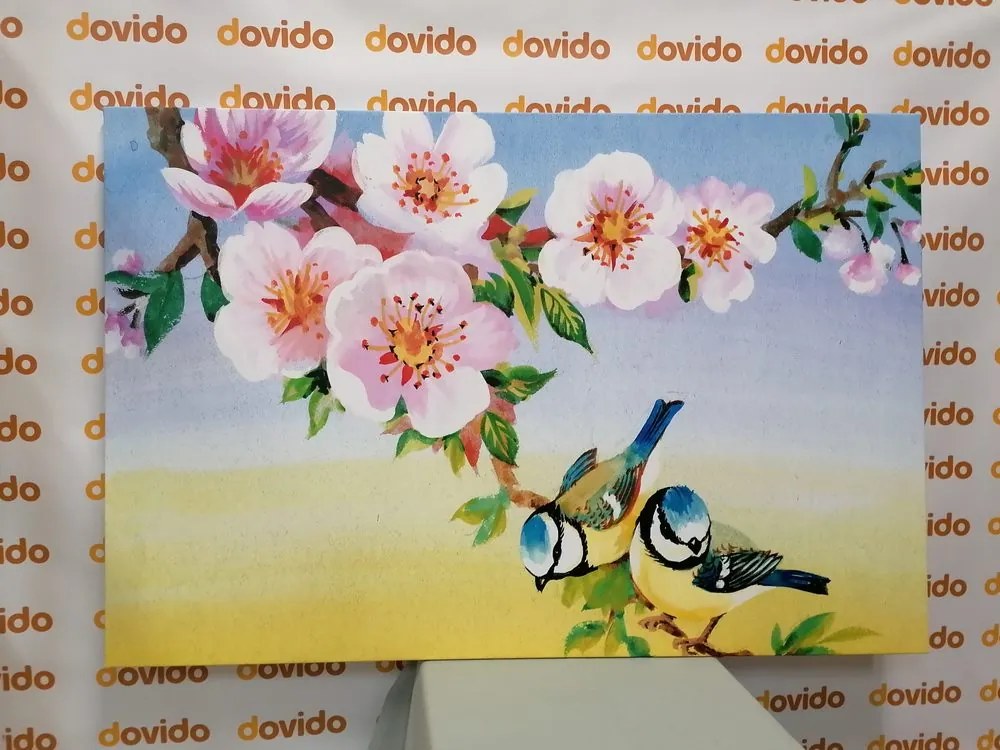 Quadro su tela – Cince e fiori in fiore