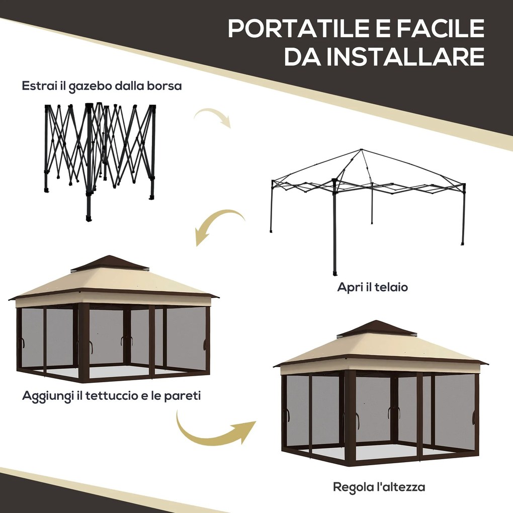 Gazebo Regolabile su 3 Livelli con Pareti Rimovibili 3x3m in Acciaio e tessuto Oxford Caffè e Beige...