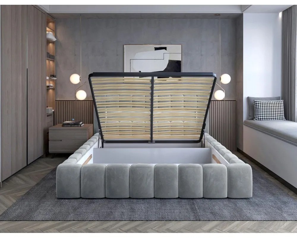 Letto matrimoniale imbottito grigio chiaro con contenitore con rete inclusa 140x200 cm Lamica – ELTAP