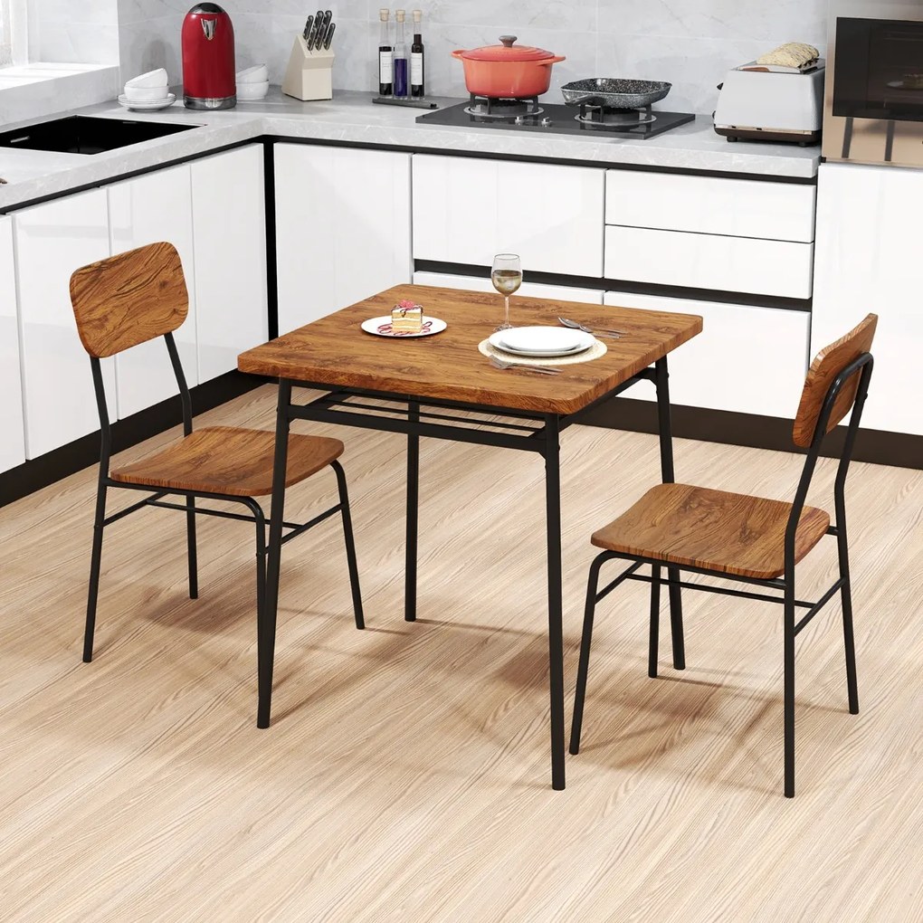 Costway Set da pranzo 3 pezzi per angolo colazione, Tavolo e sedie da cucina quadrato con scaffale di stoccaggio Caffè
