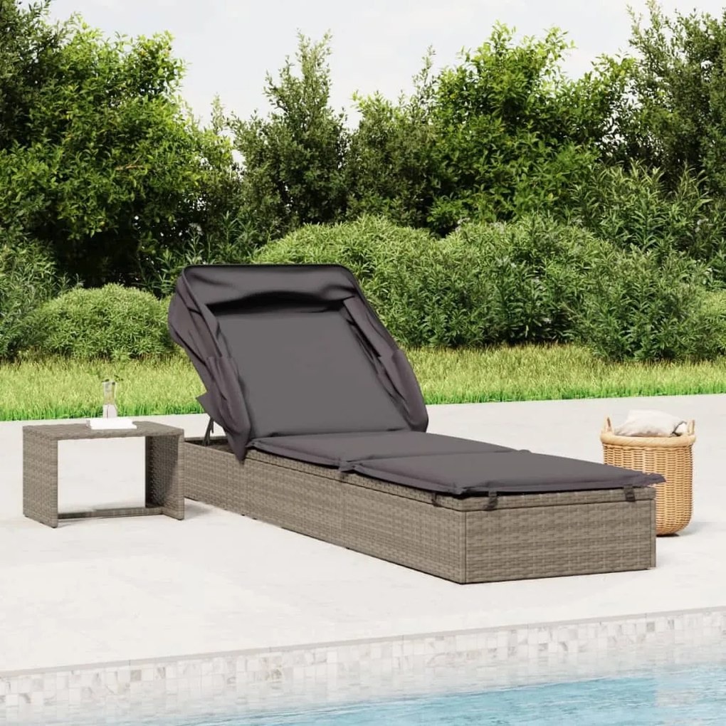 Lettino con Tetto Pieghevole Grigio 213x63x97 cm Polyrattan