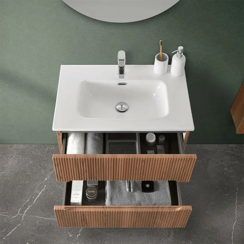 Mobile bagno sospeso 80 cm noce canaletto cannettato con specchio Bali